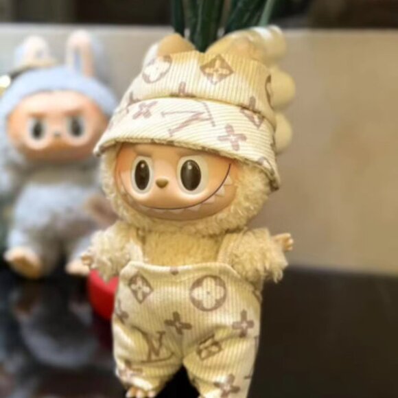 Cream Patterned Labubu Clothes Set - LV Beige Overalls and Beanie - Picture 2 of 2